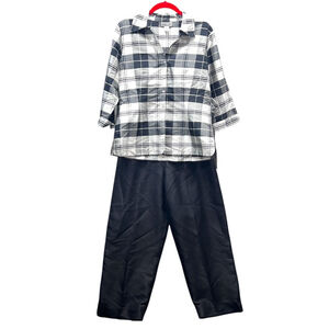 Robbie Bee Silk Plaid Outfit Black White Shirt Pants Size 8